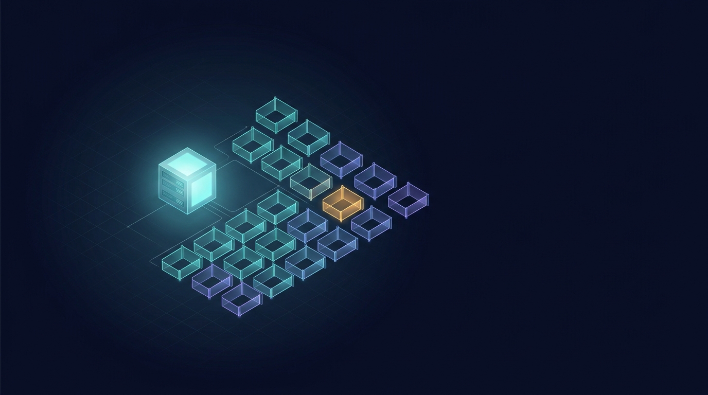 Isometric illustration of one appliance cube at the centre of a grid of walled, empty sandbox compartments, with one nest highlighted in amber