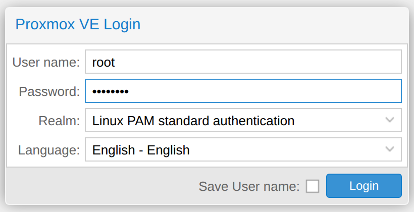 Proxmox VE login dialog with user name, password and realm fields