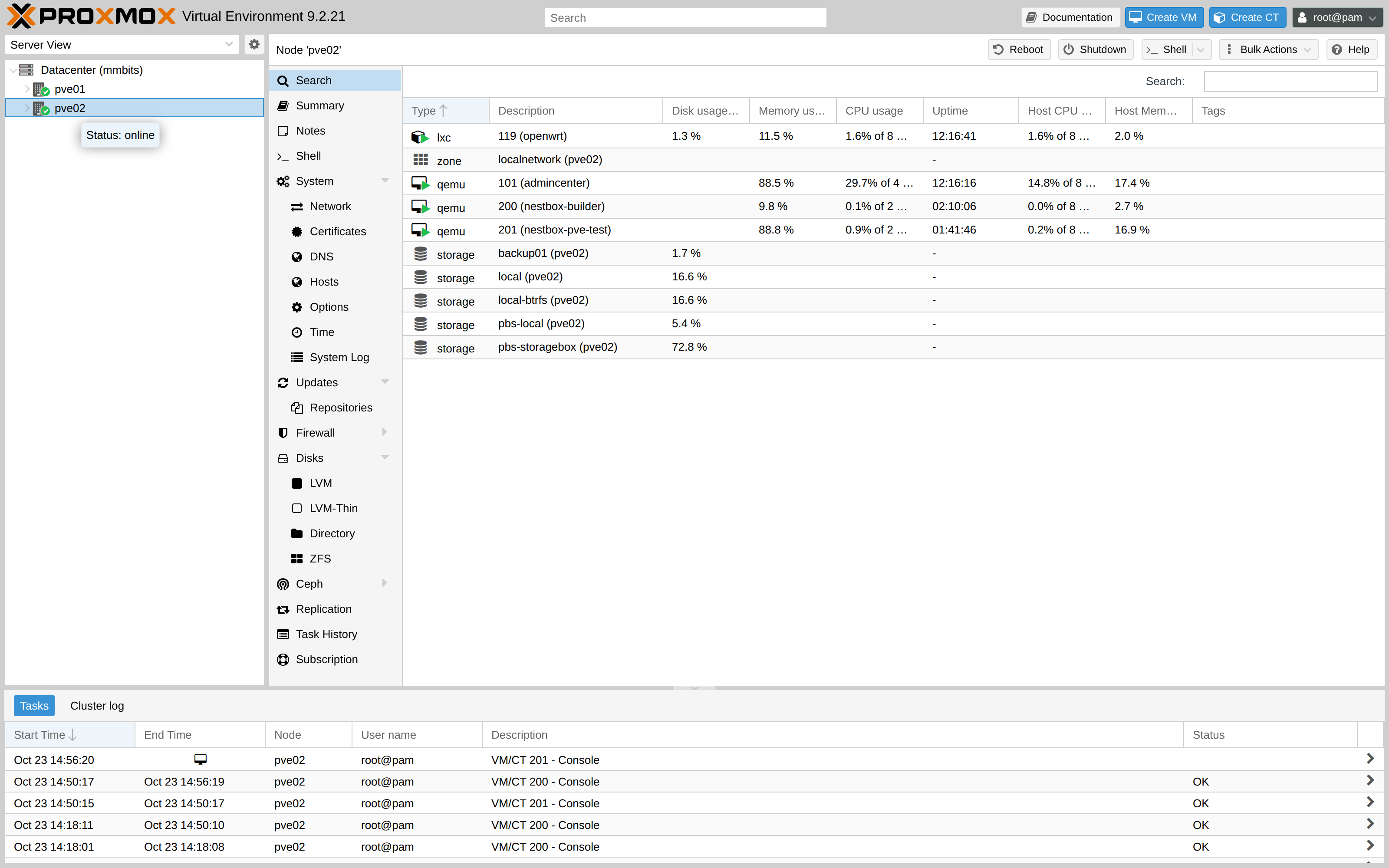 Node summary for pve02 with storage and guest list