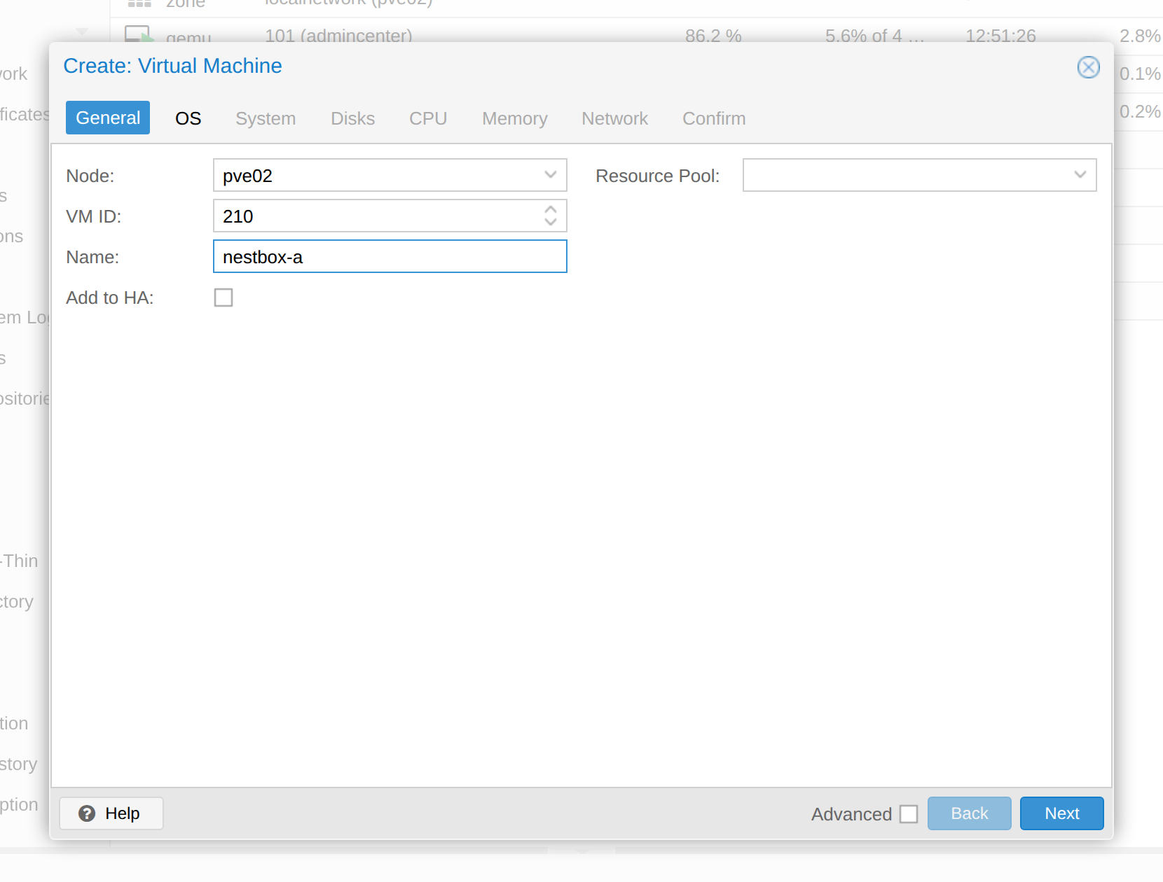 Create VM dialog, General tab, with node pve02, VM ID 210 and the name nestbox-a