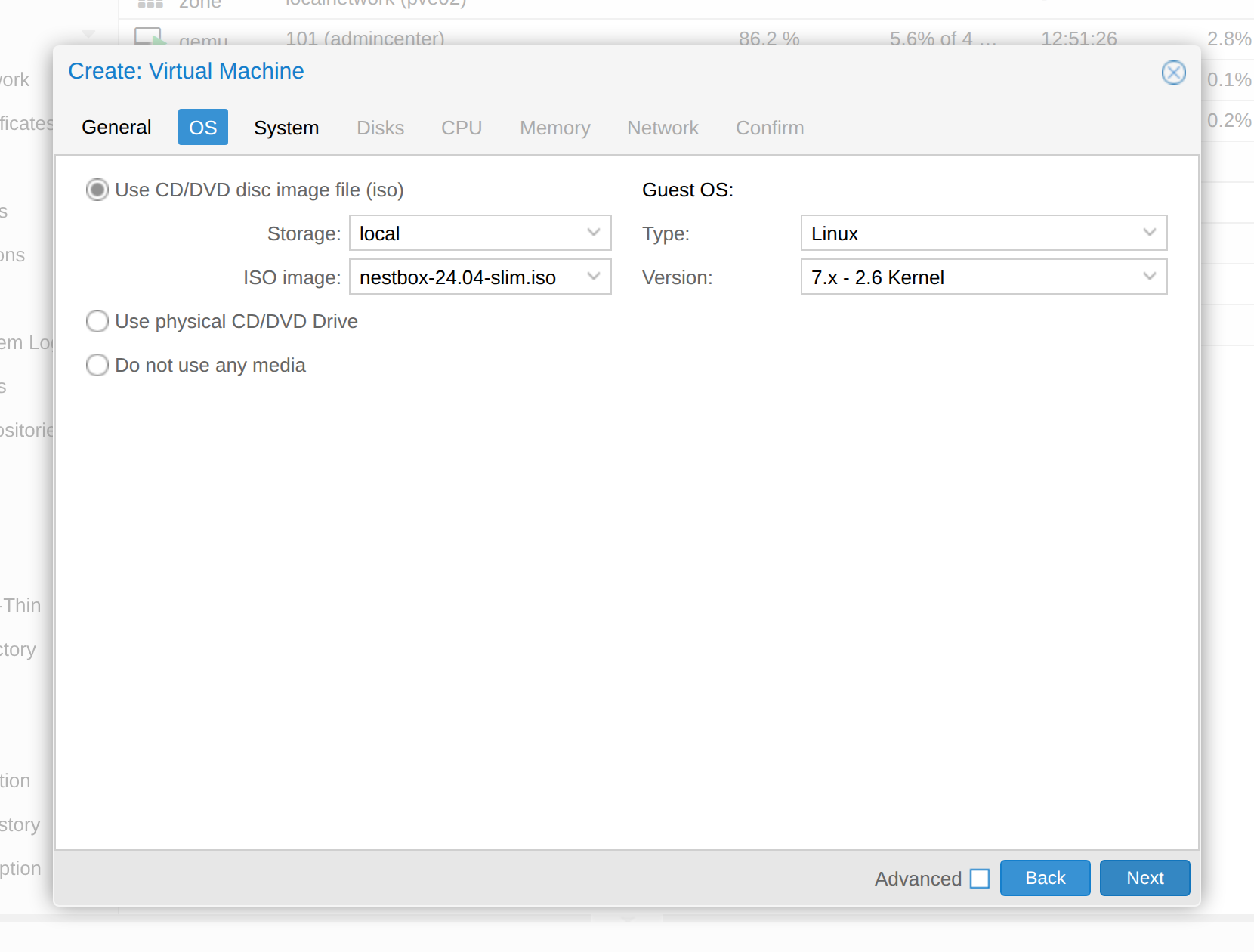 Create VM dialog, OS tab, with Use CD/DVD disc image file selected and the Nestbox ISO chosen