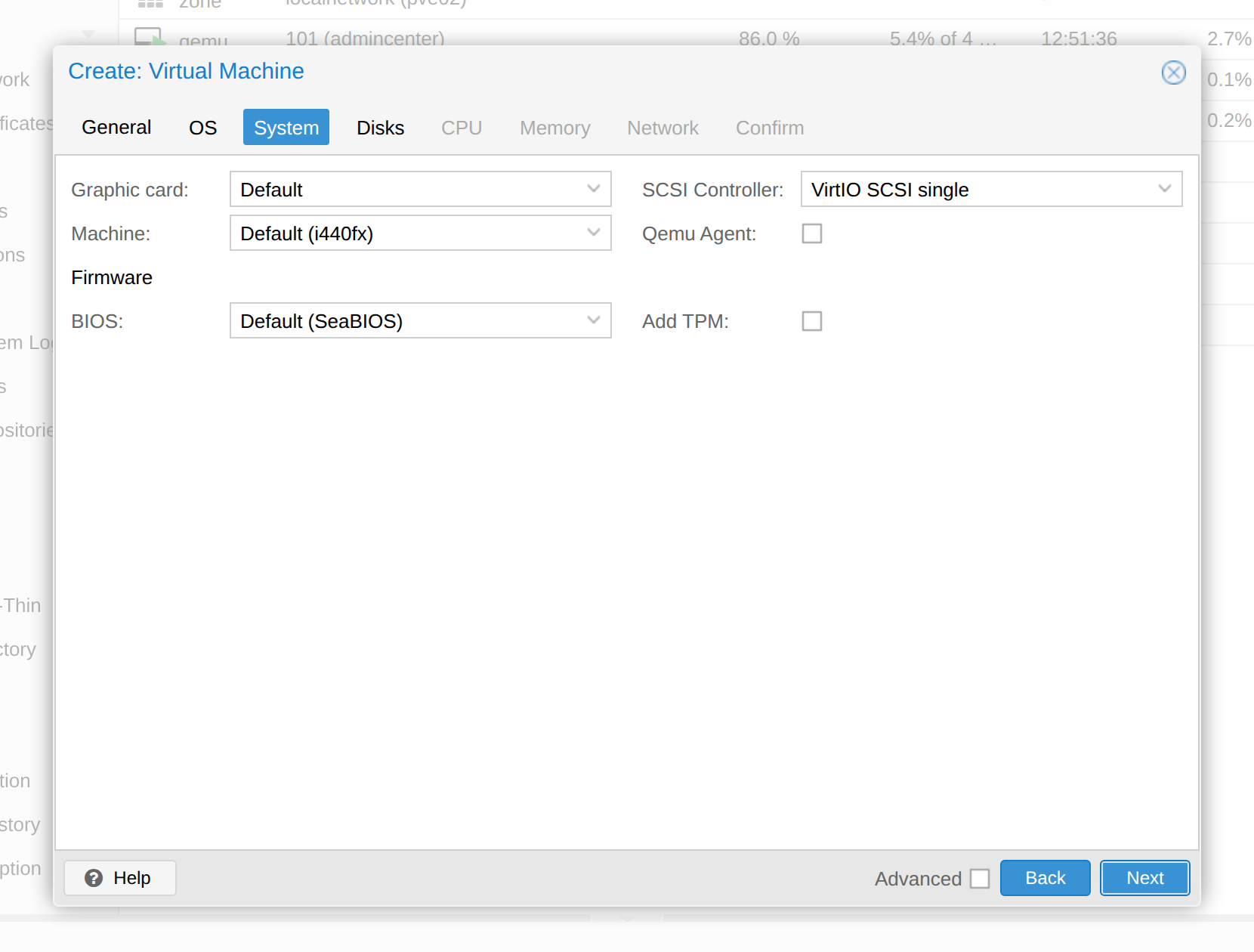 Create VM dialog, System tab, with SeaBIOS and VirtIO SCSI single