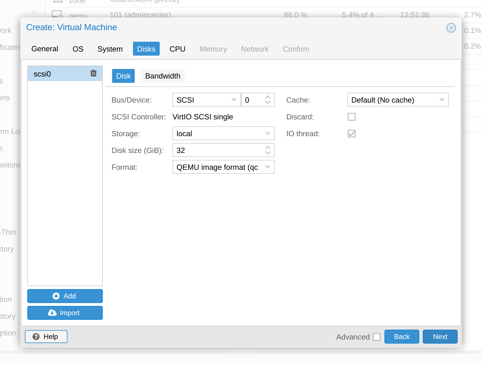 Proxmox Create VM wizard on the Disks tab, showing the SCSI bus, storage and disk size