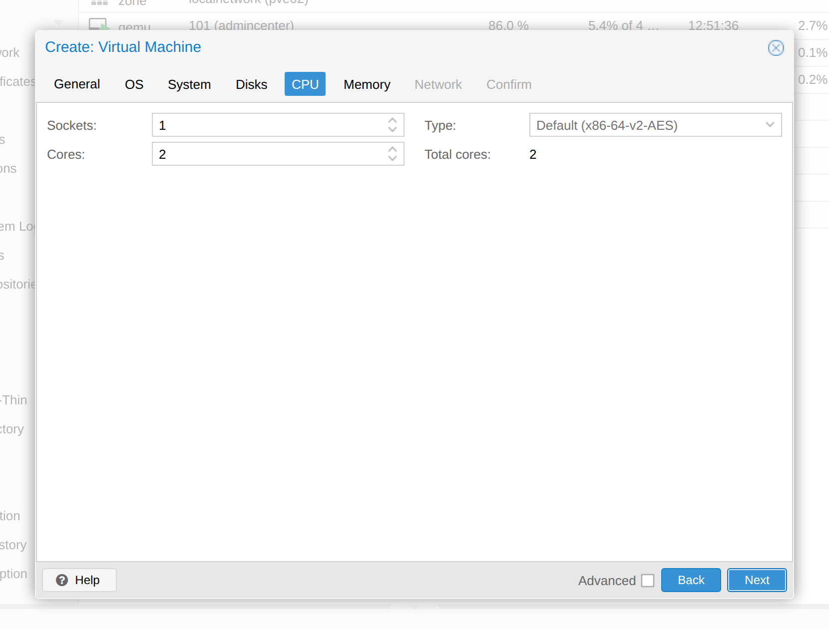 Create VM dialog, CPU tab, with two cores and one socket
