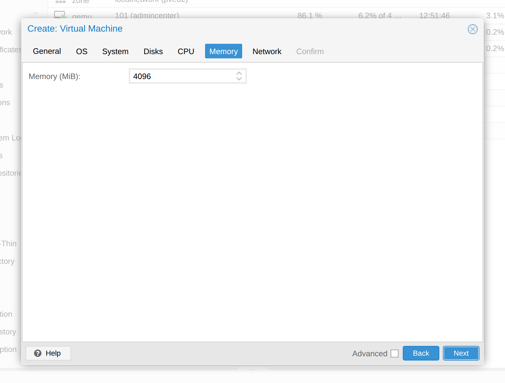 Create VM dialog, Memory tab, with 4096 MiB