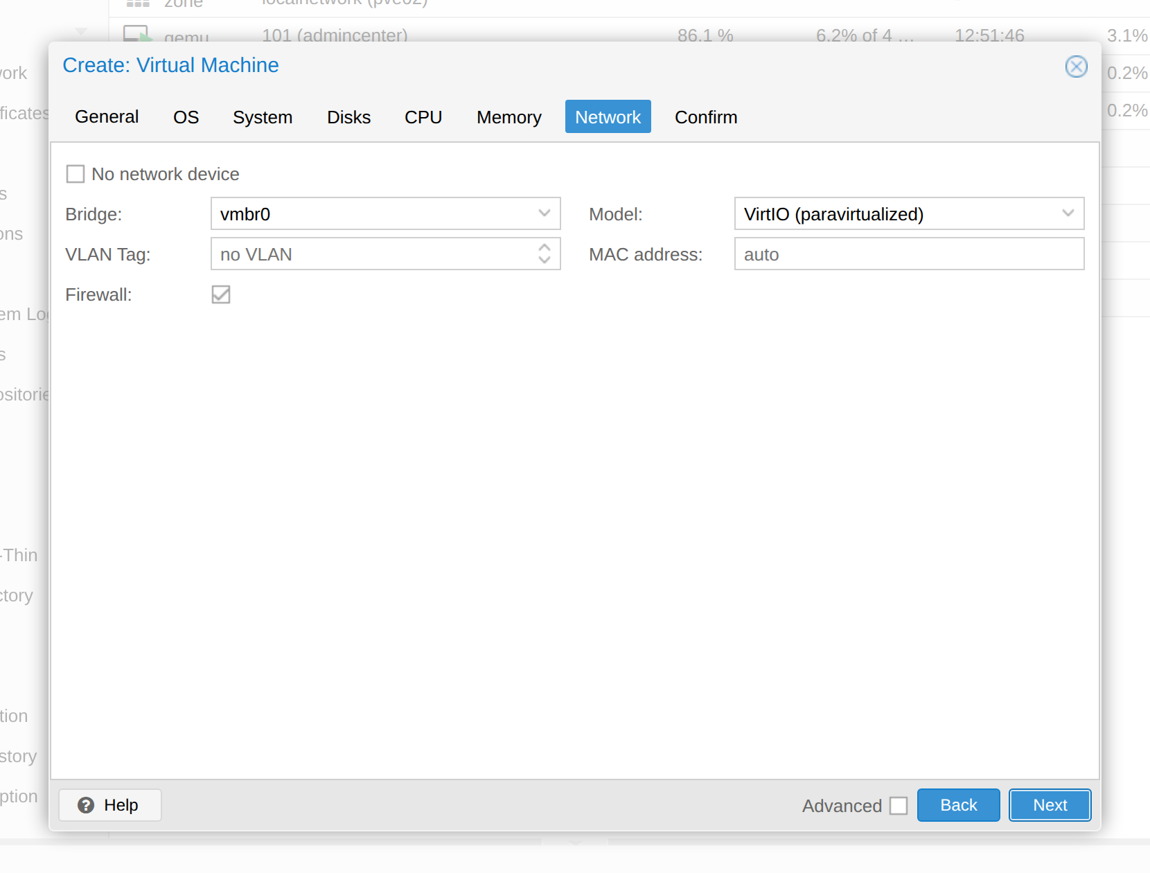 Create VM dialog, Network tab, with VirtIO on vmbr0