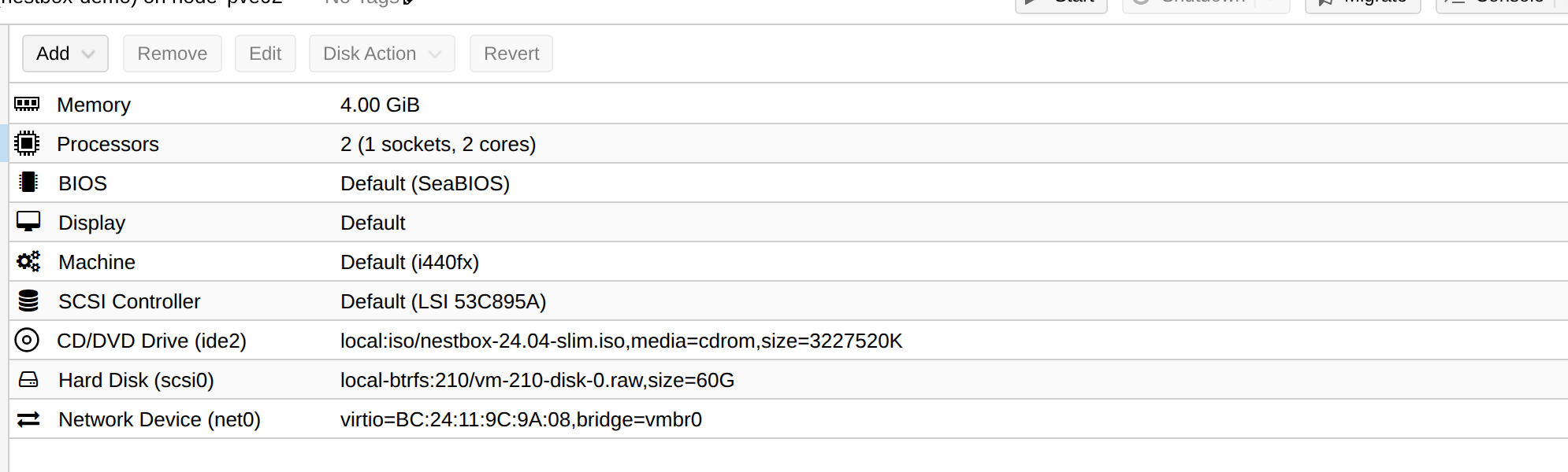 Hardware tab of the new VM showing memory, CD/DVD drive with the Nestbox ISO and a 60 GB disk on local-btrfs