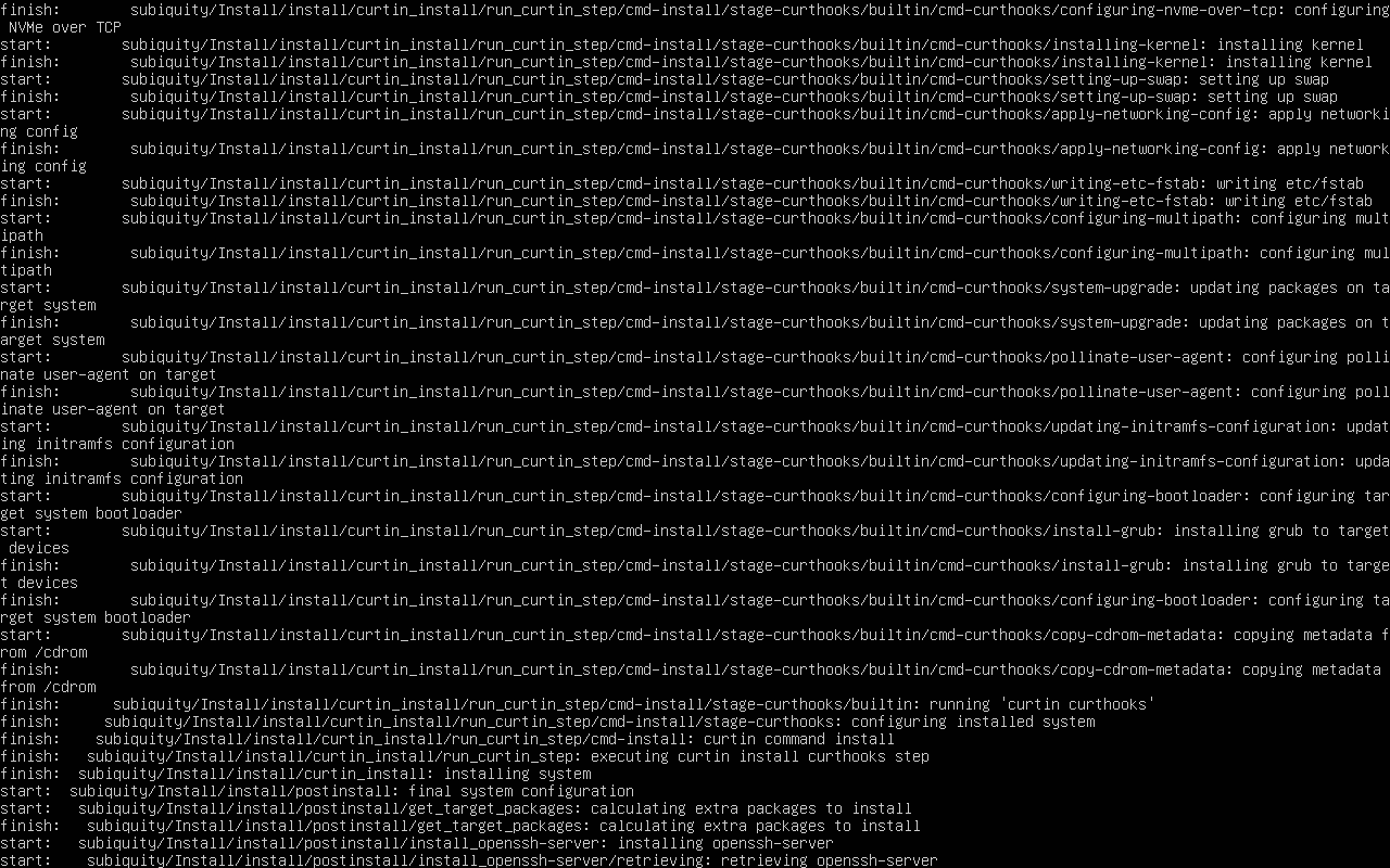Ubuntu installer console showing curtin steps while installing the system