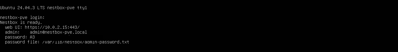 Console of the installed appliance showing the Nestbox banner with the web UI URL, the admin address and the generated password