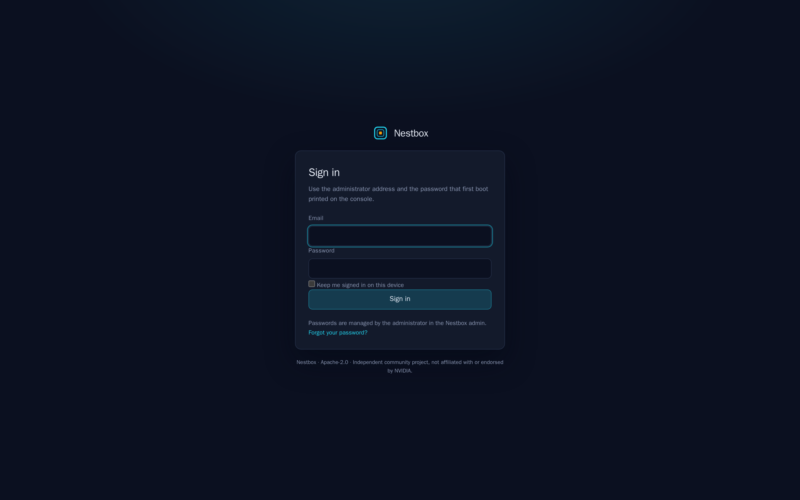 Nestbox sign-in page with email and password fields