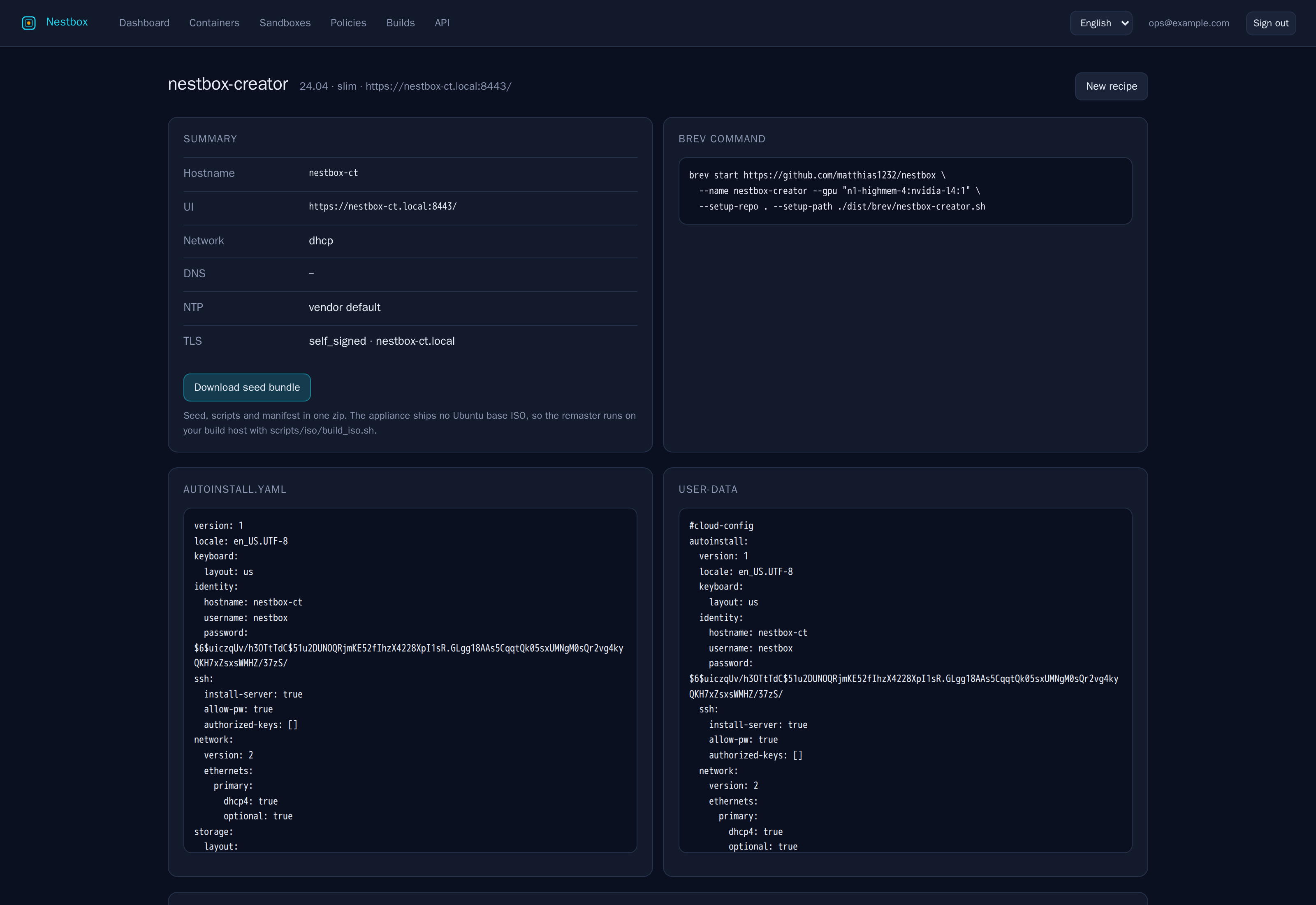 Nestbox Image Creator page with the recipe summary, the Brev command and the rendered autoinstall and user-data